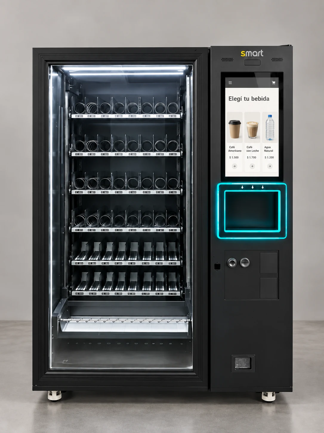 Máquina Smart Vending negra con pantalla táctil iluminada